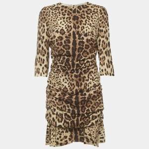 Pre Owned فستان دولتشي أند غابانا حرير طباعة حيوانات بني مكشكش قصير مقاس كبير ( لارج )