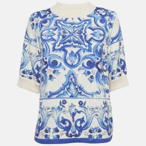 Pre Owned توب دولتشي آند غابانا جاكار مزخرف مطبوع أبيض ماجوليكا مقاس صغير (سمول)