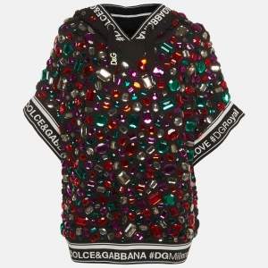 Pre Owned Dolce & Gabbana Black Multicolour Crystal Embellished Short Sleeve Hooded Sweatshirt S