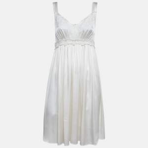 Pre Owned Dolce & Gabbana Cream Silk Lace Trimmed Mini Dress M