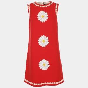 Pre Owned Dolce & Gabbana Red Wool Floral Applique Mini Dress S