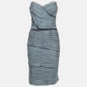 Pre Owned Dolce & Gabbana Ice Blue Silk Ruched Strapless Dress M