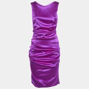 Pre Owned Dolce and Gabbana Purple Satin Ruched Sleeveless Dress M