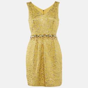 Pre Owned Dolce & Gabbana Yellow Brocade Crystal Embellished Mini Dress M