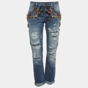 Pre Owned Dolce & Gabbana Blue Distressed Denim Crystal Detail Jeans XS/Waist 28"
