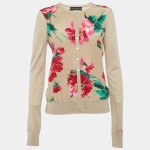 Pre Owned Dolce & Gabbana Beige Floral Print Silk and Knit Cardigan M