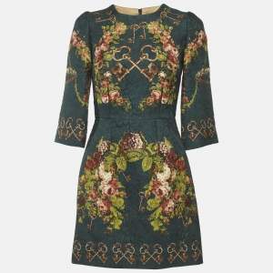 مملوكة مسبقًا Dolce & Gabbana Bottle Green Floral Print Jacquard Short Dress S