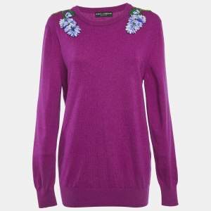 Pre Owned Dolce & Gabbana Purple Floral Applique Sweater M