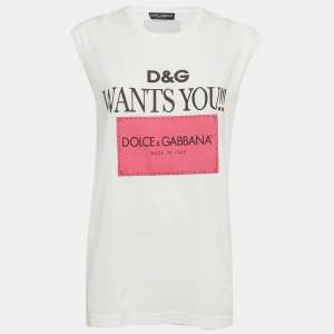 Pre Owned Dolce & Gabbana White Printed Jersey Oversized T-Shirt XS