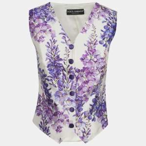 Pre Owned Dolce & Gabbana White Wisteria Print Silk Blend Vest S