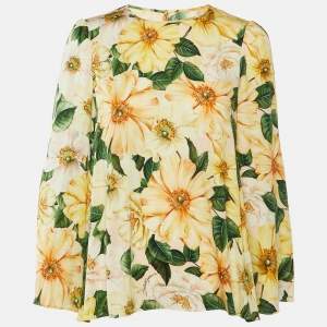 Pre Owned Dolce & Gabbana Yellow Floral Print Silk Long Sleeve Blouse S