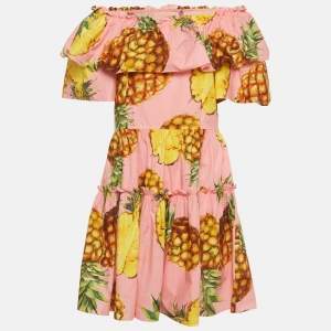 مملوكة مسبقًا Dolce & Gabbana Pink Pineapple Print Cotton Tiered Mini Dress L