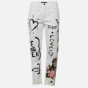 Pre Owned Dolce & Gabbana White Graffiti Printed Denim Frayed Hem Jeans M