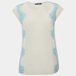 Pre Owned Dolce & Gabbana Light Grey Silk Lace Trimmed Blouse M