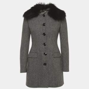 Pre Owned Dolce & Gabbana Grey Herringbone Wool Fur Collar Coat S