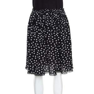 Pre Owned Dolce & Gabbana Monochrome Polka Dotted Lace Trim Silk Skirt M