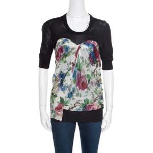 Pre Owned Dolce & Gabbana Black Floral Printed Drape Detail Short Sleeve top M