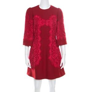 Pre Owned Dolce & Gabbana Red Floral Lace Applique Detail Fit and Flare Dress S