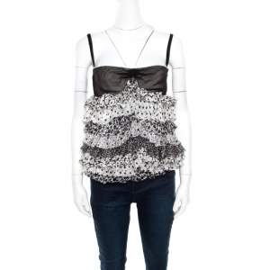 مملوكة مسبقًا D&G Monochrome Floral Printed Silk Ruffle Layered Sleeveless Bustier Top M