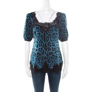 مملوكة مسبقًا Dolce & Gabbana Blue Leopard Printed Silk Scalloped Lace Detail Blouse S