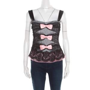 Pre Owned Dolce & Gabbana Black Dotted Tulle and Lace Bow Detail Corset Top M