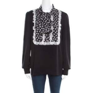 Dolce & Gabbana Monochrome Small Flower Print Silk Ruffled Bib Blouse M