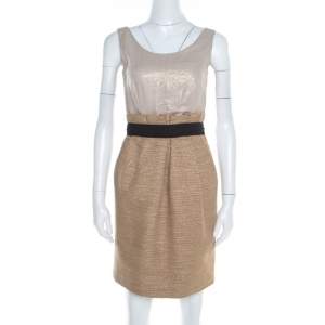 Dolce & Gabbana Gold Foil Print Bodice Sleeveless Tweed Dress S 