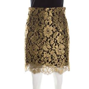 Dolce & Gabbana Metallic Gold Lace Overlay Scalloped Mini Skirt S