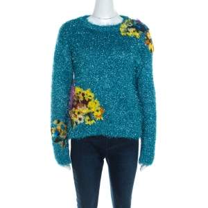 Dolce & Gabbana Metallic Blue Tinsel Rib Knit Floral Applique Sweater S