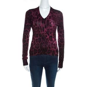 Pre Owned Dolce & Gabbana Mulberry Purple Leopard Print Wool Sweater Top S