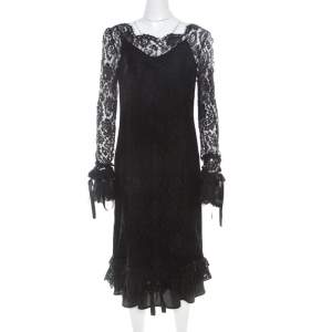 مملوكة مسبقًا Dolce & Gabbana Black Lace Ruffle Sleeve and Hem Detail Midi Dress M 