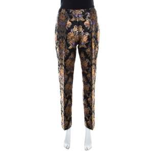 Pre Owned Dolce & Gabbana Black Floral Jacquard Sateen Straight Fit Trousers M 