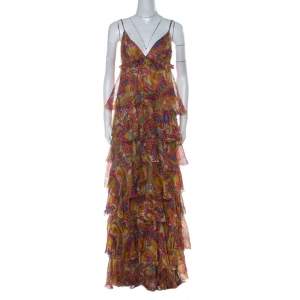 فستان دولتشي أند غابانا مطبوع بايزلي طبقات منفوش حرير متعدد الألوان M