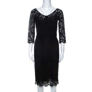 مملوكة مسبقًا Dolce & Gabbana Black Cordonetto Lace Scalloped Hem Fitted Dress M 
