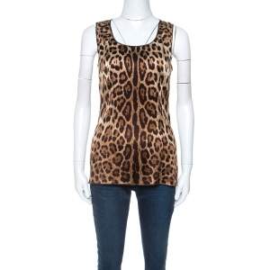 Pre Owned Dolce & Gabbana Beige Leopard Print Silk Sleeveless Top M
