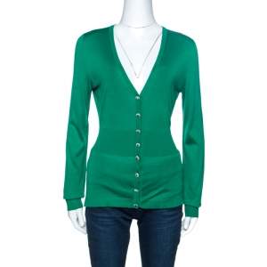 Pre Owned Dolce & Gabbana Green Knit Crystal Button Detail Cardigan M