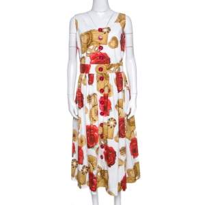 Pre Owned فستان دولتشي أند غابانا بلا أكمام قطن مطبوع كوكي و مورد أبيض L