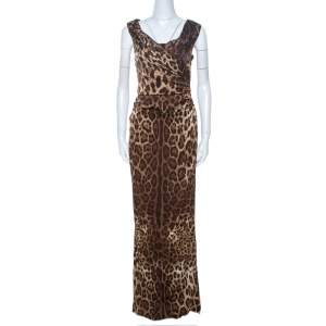 مملوكة مسبقًا Dolce & Gabbana Brown Leopard Print Silk Draped Maxi Dress M