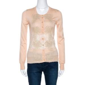 Pre Owned Dolce & Gabbana Light Peach Cashmere Lace Trim Cardigan S