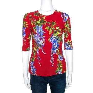 Pre Owned Dolce & Gabbana Red Wisteria Floral Print Crepe Blouse S