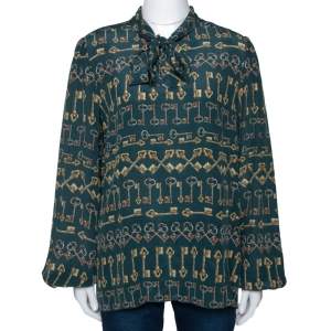 مملوكة مسبقًا Dolce & Gabbana Green Key Print Silk Neck Tie Detail Blouse L