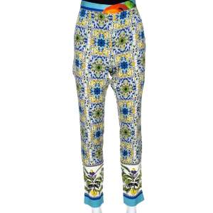Pre Owned Dolce & Gabbana Multicolor Majolica Print Stretch Silk Trousers L