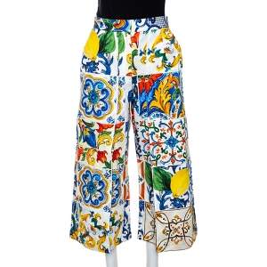 Dolce & Gabbana Multicolor Textured Cotton Majolica Print Cropped Trousers S 
