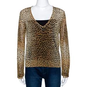 Pre Owned Dolce & Gabbana Leopard Print Lurex Knit Sheer Fitted Top L