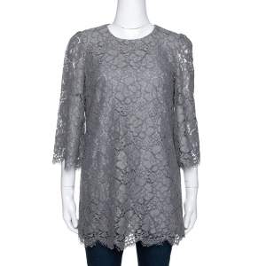 Pre Owned Dolce & Gabbana Grey Floral Corded Lace Three Quarter Sleeve Top M 