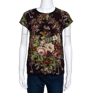 Pre Owned Dolce & Gabbana Brown Crepe Key Print Short Sleeve Top XS