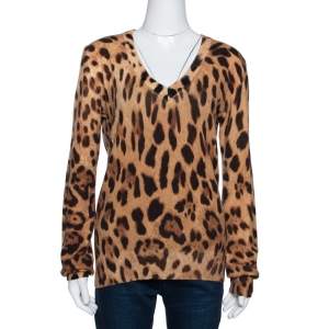Pre Owned Dolce & Gabbana Beige Cashmere Leopard Print V Neck Sweater L 
