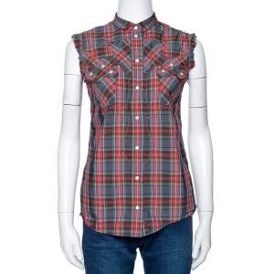Pre Owned Dolce & Gabbana Grey & Red Plaid Cotton Sleeveless Button Front Shirt S