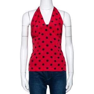 Pre Owned Dolce & Gabbana Red Polka Dot Stretch Silk Halter Neck Top S