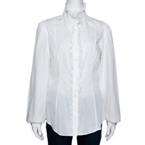 Pre Owned Dolce & Gabbana White Cotton Ruffled Lace Trim Shirt L